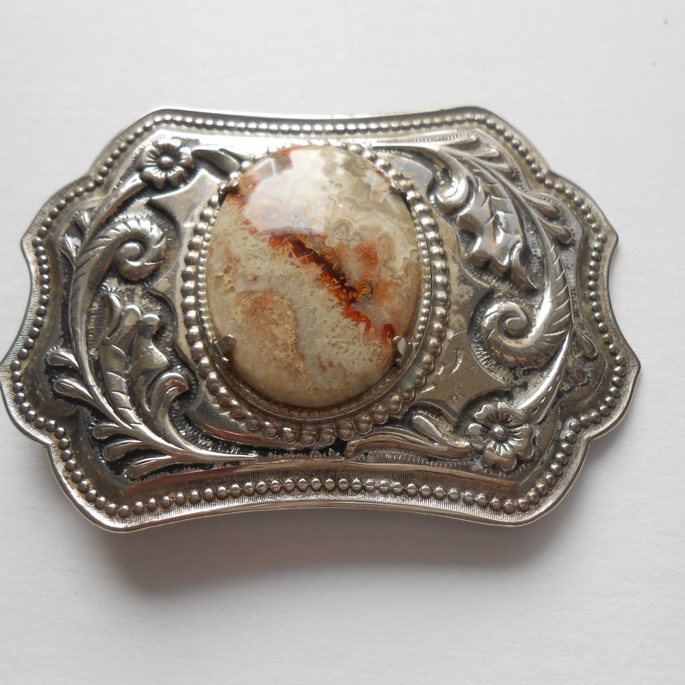 Western Style Silver-Black Belt Buckle with Agate Stone